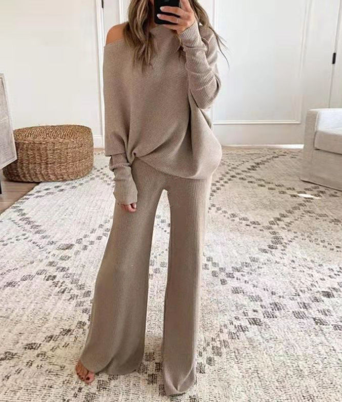 Janeth - Casual Solid Color One-Shoulder Ladies Knit Set