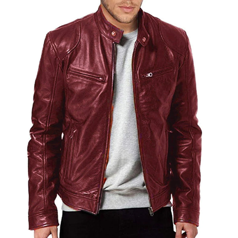 Carlos - Men's Stand Collar Slim Fit Leather Jacket