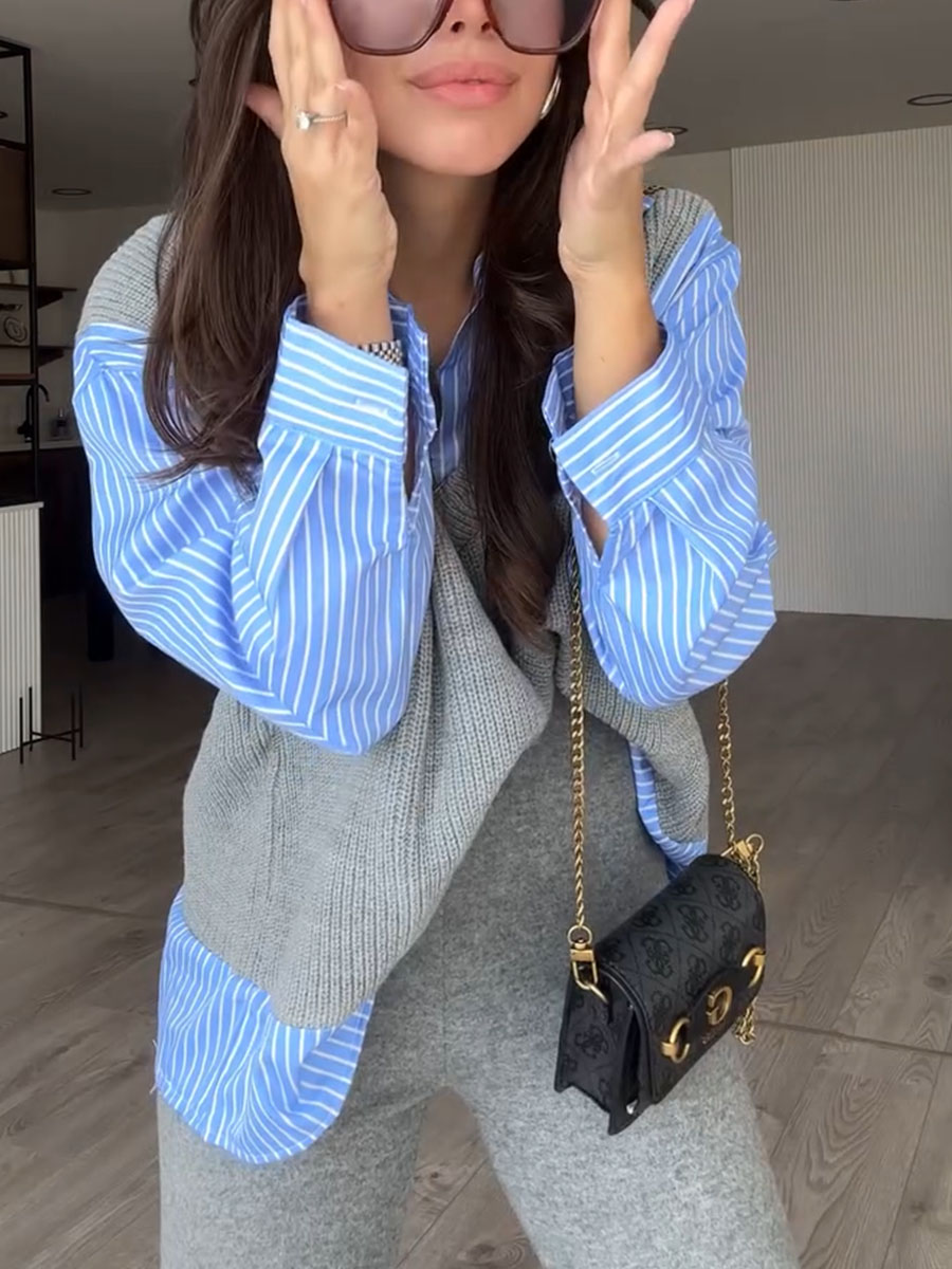 Striped shirt knitted fake two-piece set