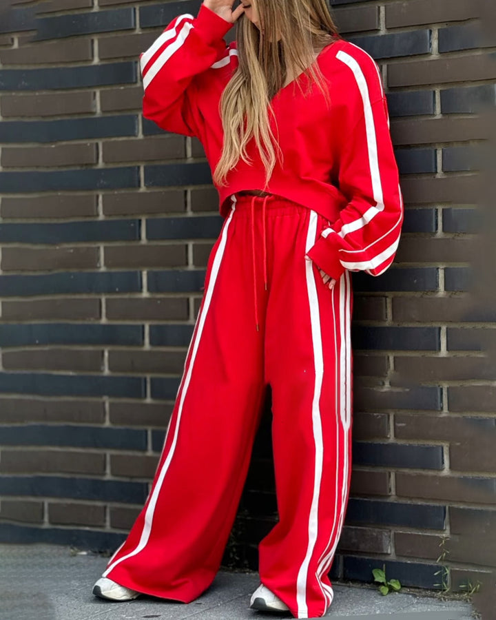 Kathrine - Casual V-Neck Striped Sweat & Wide Leg Pants Two-Piece Set